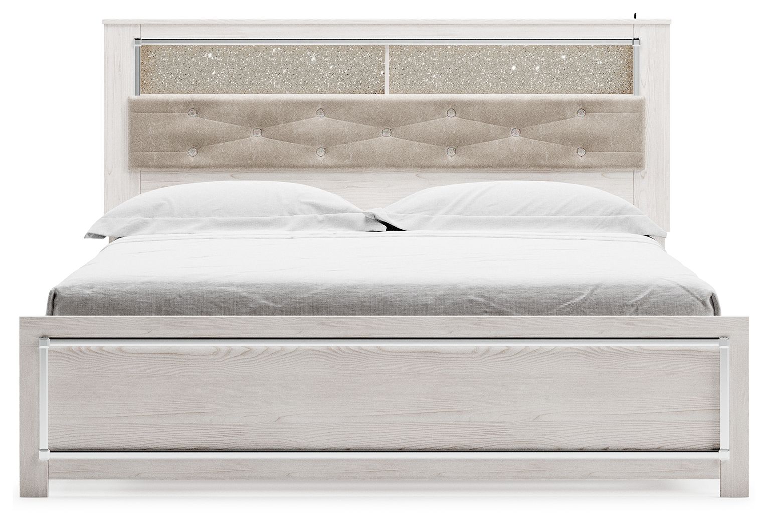 White king bed frame with tufted upholstered headboard and front drawer