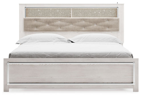 White king bed frame with tufted upholstered headboard and front drawer