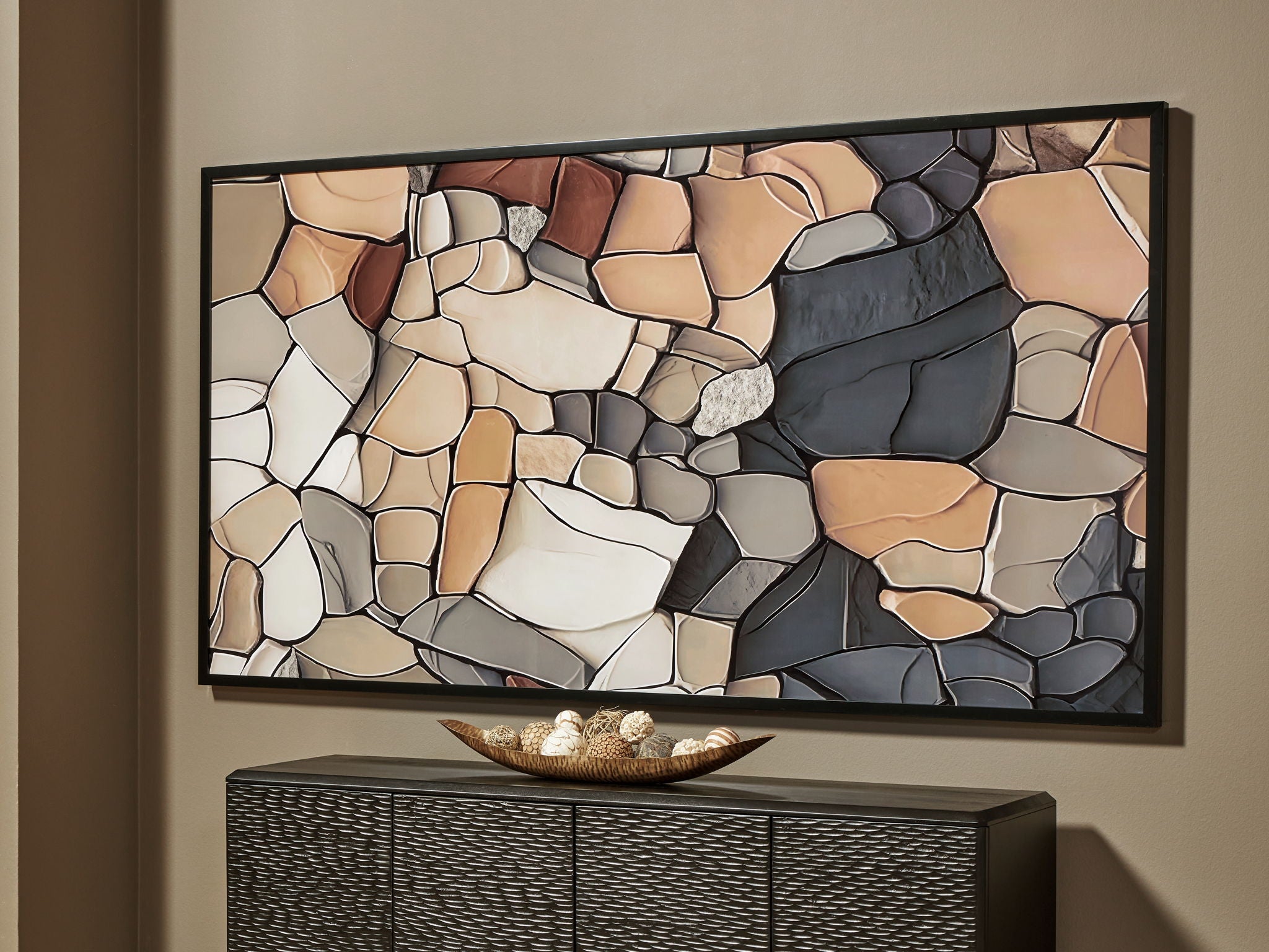 Framed abstract stone wall art print with black, tan, and white block shapes