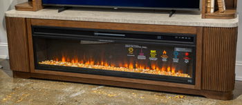 Brown wooden TV stand with built-in electric fireplace insert and flame display