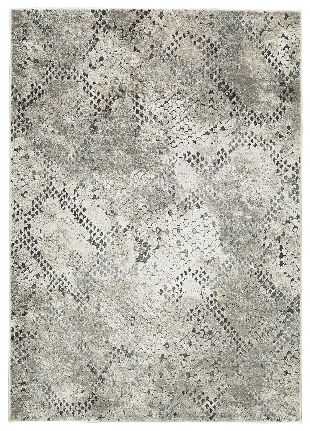 Pearl Silver area rug with gray snake-skin scale pattern and distressed texture
