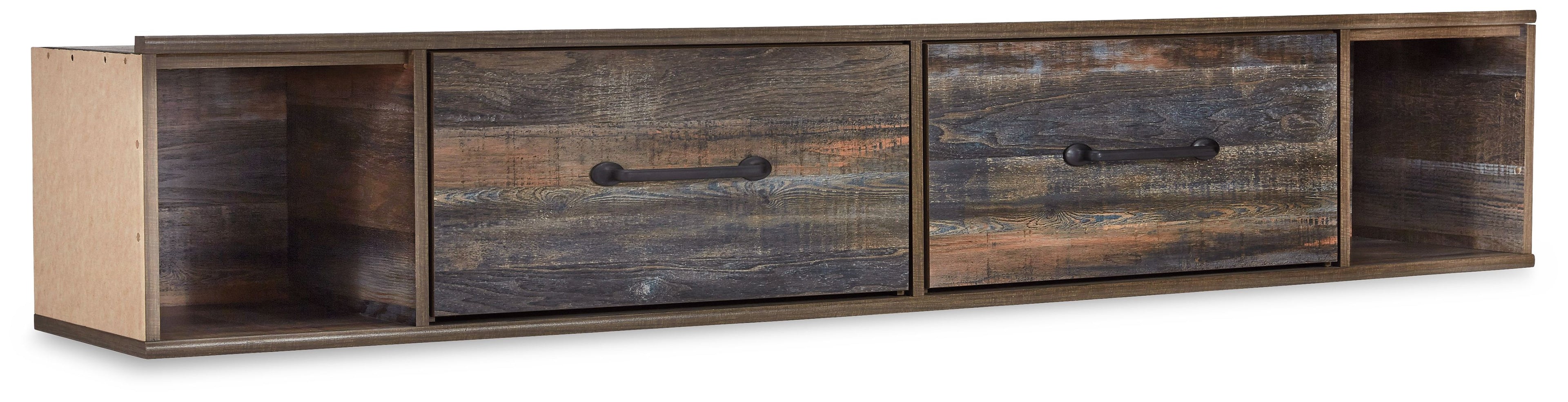 Under-bed storage unit with two drawers and two open cubbies, brown wood frame