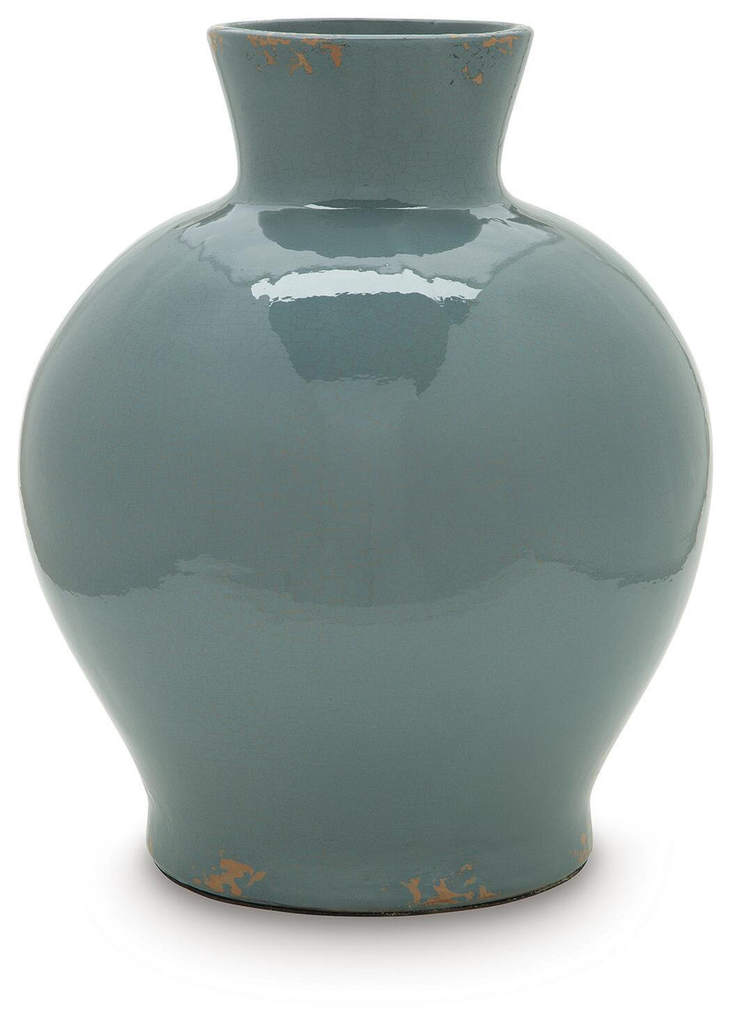 Blue ceramic vase with wide rounded belly and short flared neck, glossy with orange speckles