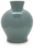 Blue ceramic vase with wide rounded belly and short flared neck, glossy with orange speckles