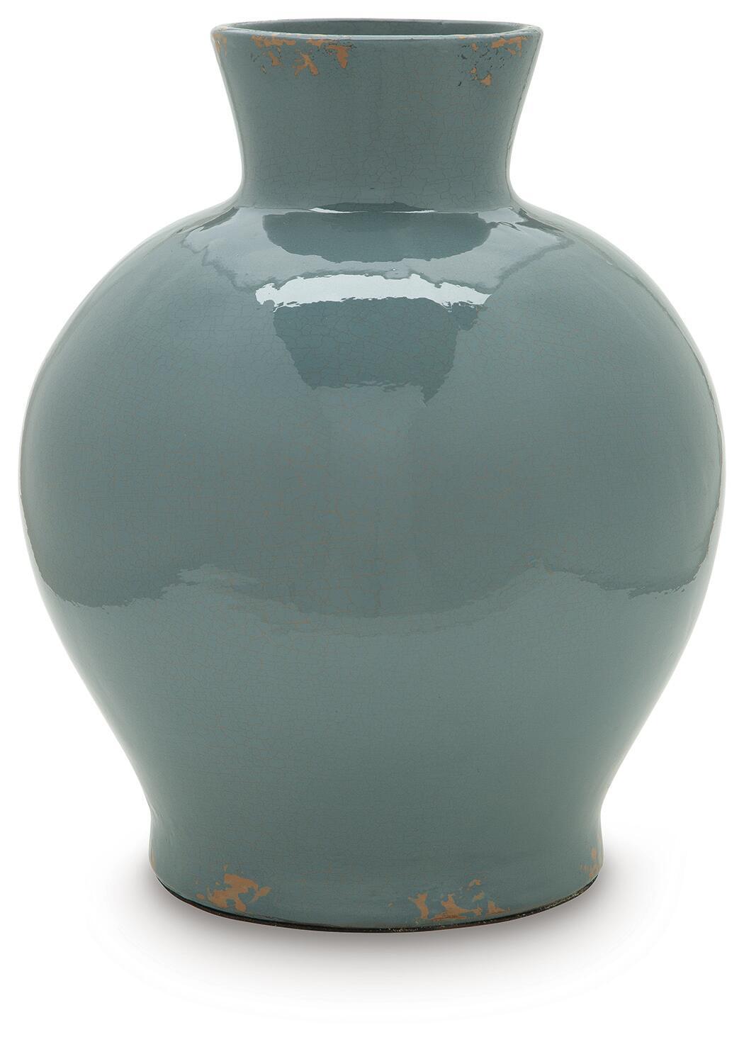 Blue ceramic vase with wide rounded belly and short flared neck, glossy with orange speckles
