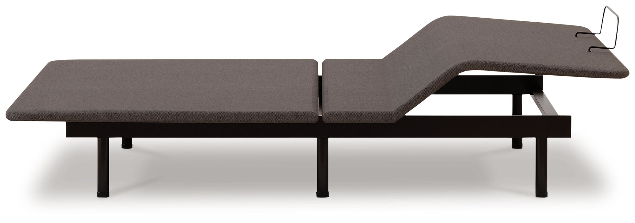 Adjustable bed base with split platform and raised head section, side angle view