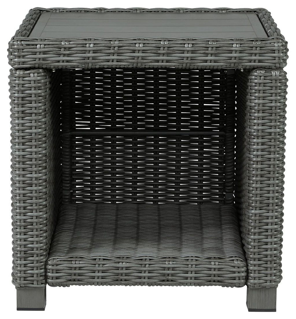 Gray wicker square end table with front opening and woven storage shelf