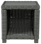 Gray wicker square end table with front opening and woven storage shelf