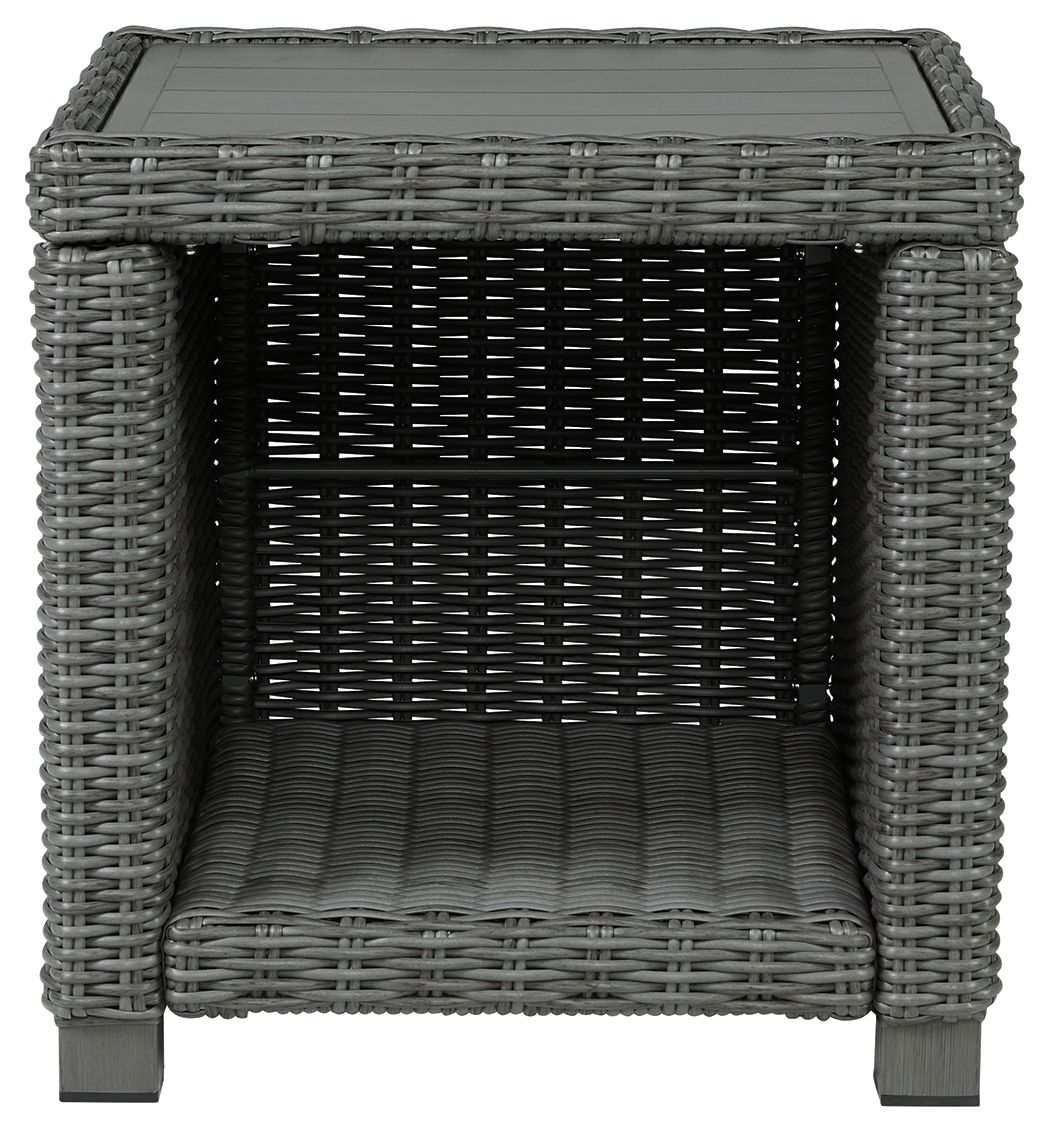 Gray wicker square end table with front opening and woven storage shelf
