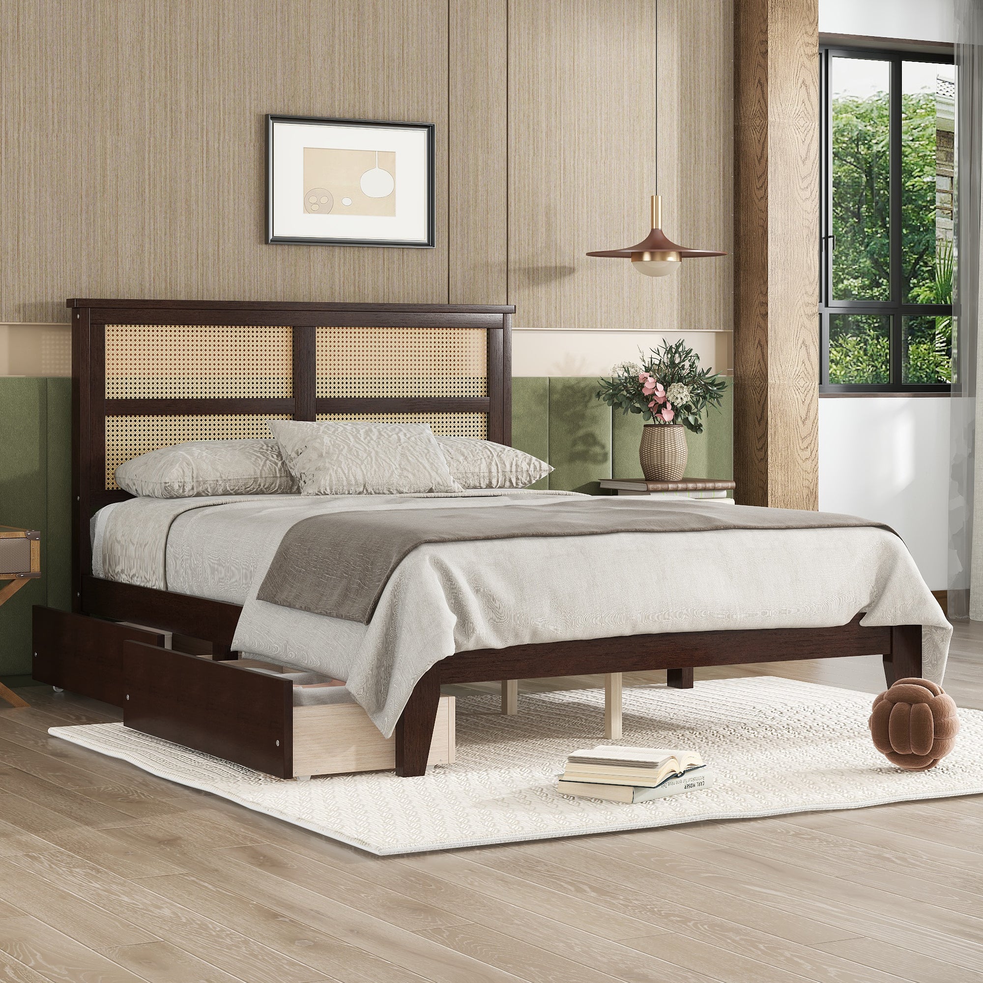 Full Size Espresso Rattan Bed with Storage Drawers, Rubber Wood