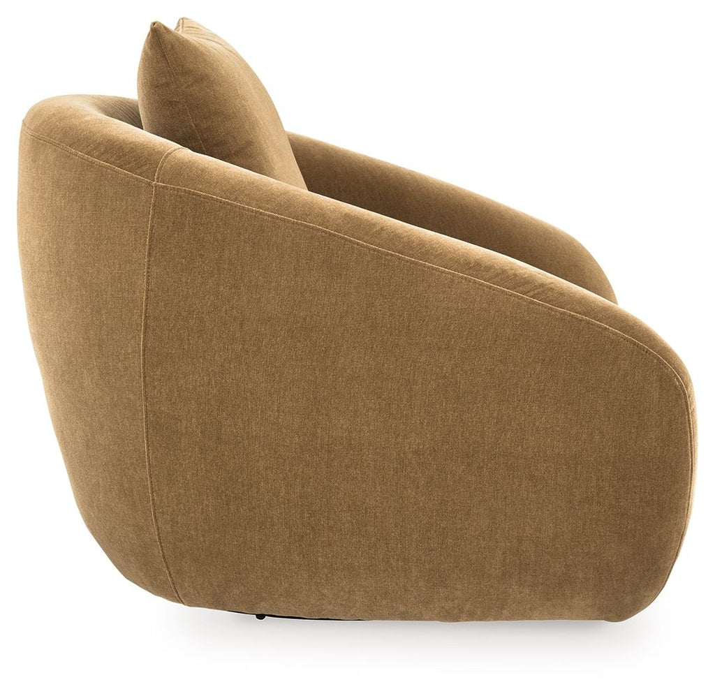 Golden tan swivel accent chair with tall backrest and rounded arms, upholstered fabric.