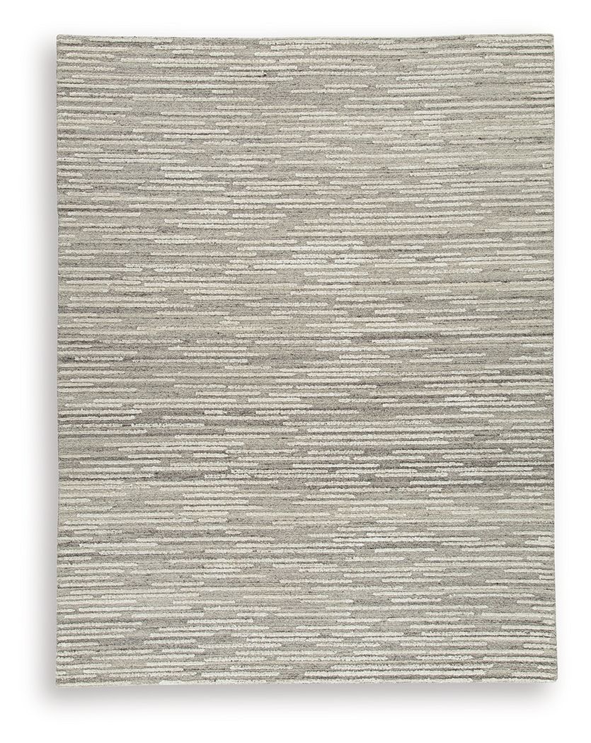 Gray area rug with uniform horizontal stripe pattern and textured surface