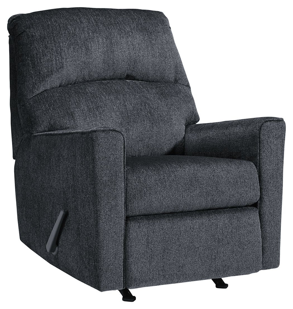 Altari slate rocker recliner with curved back and padded armrests, dark upholstered fabric
