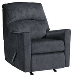 Altari slate rocker recliner with curved back and padded armrests, dark upholstered fabric