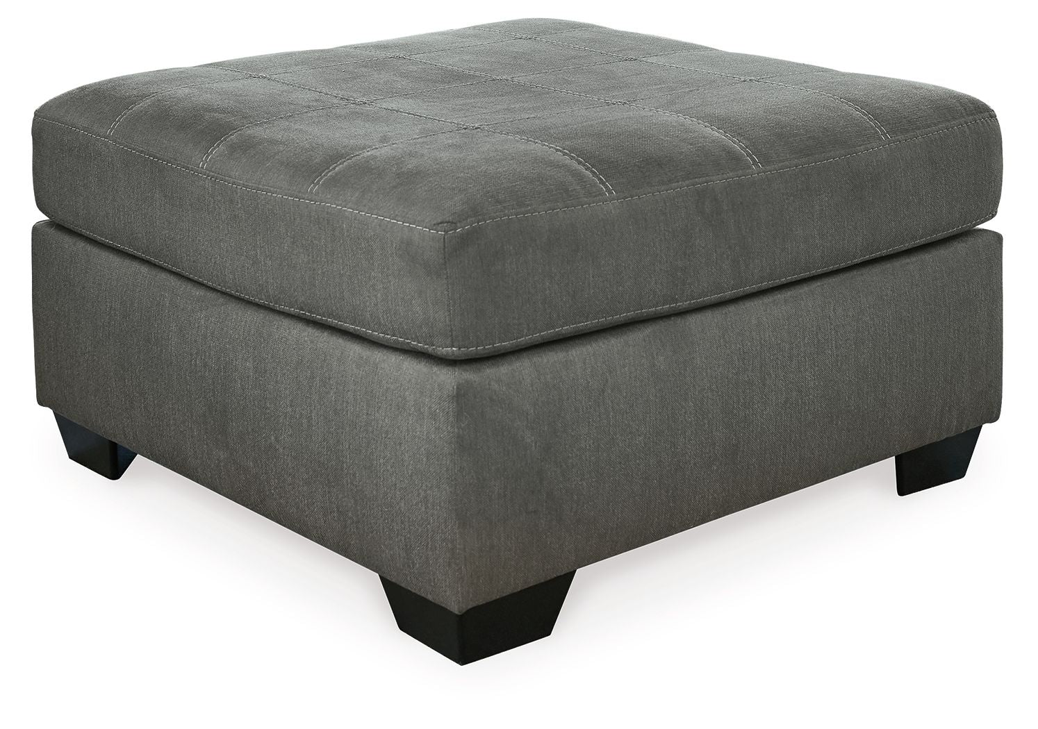 Slate gray upholstered ottoman with tufted top and dark wooden legs