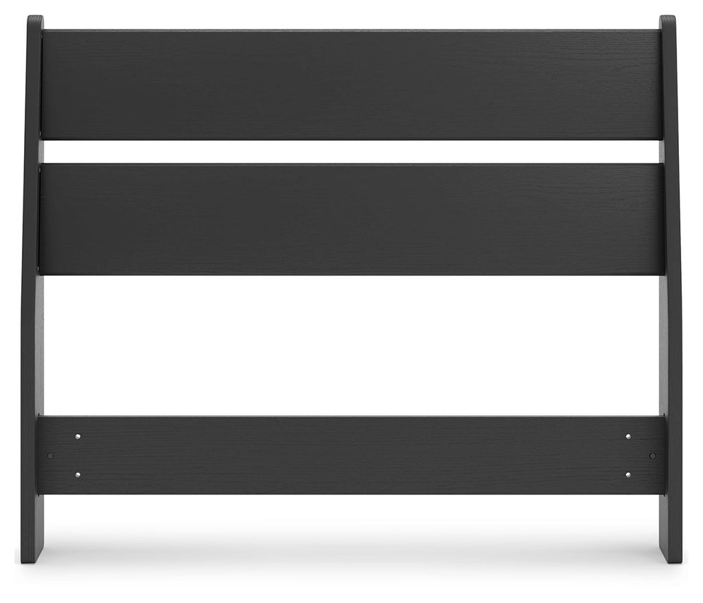 Socalle panel headboard, black with two horizontal slats and side posts.