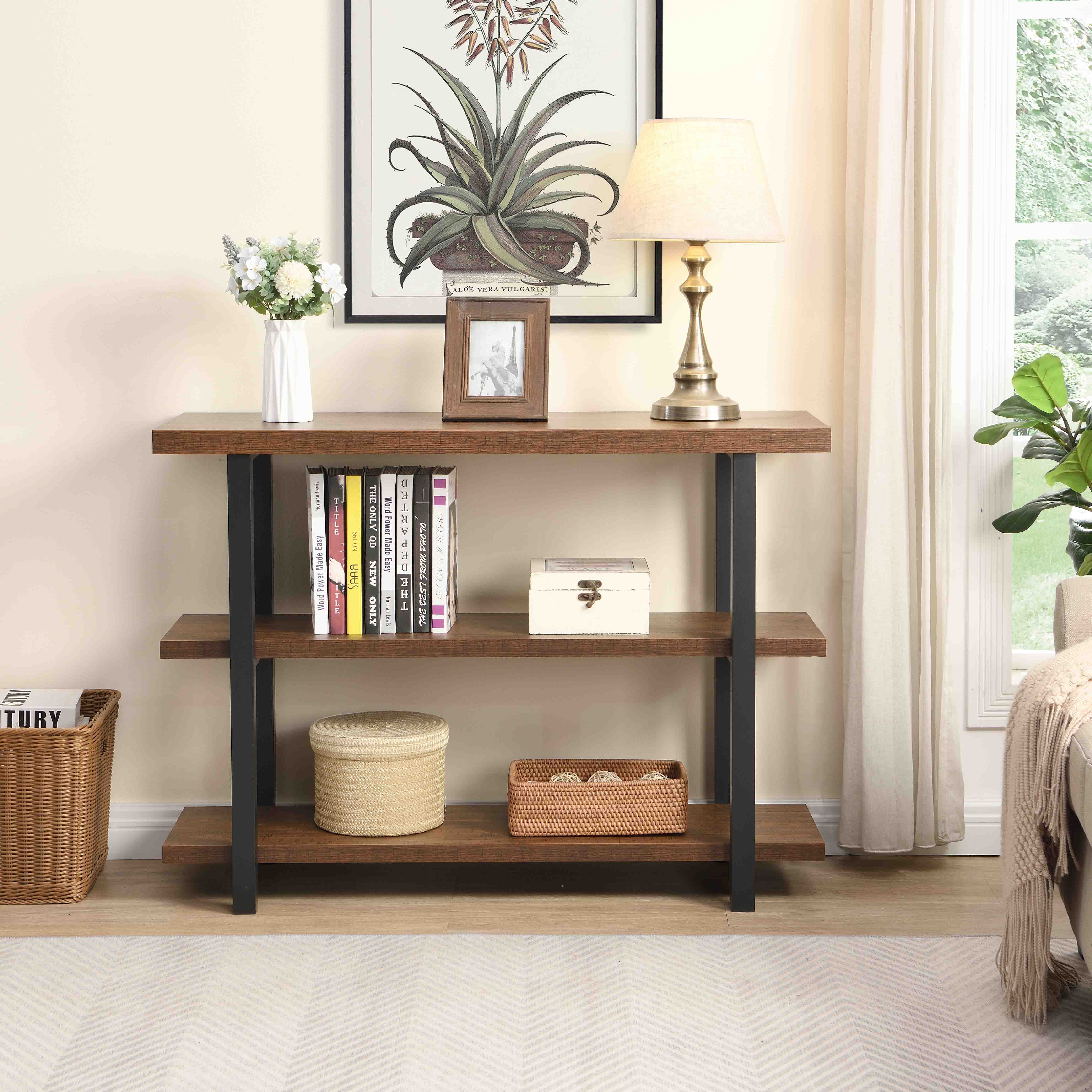 Brown Wood And Metal Sofa Table, Narrow Hallway Table, 3-Tier Console Table For Living Room 43.31''X15.75''X31.61''