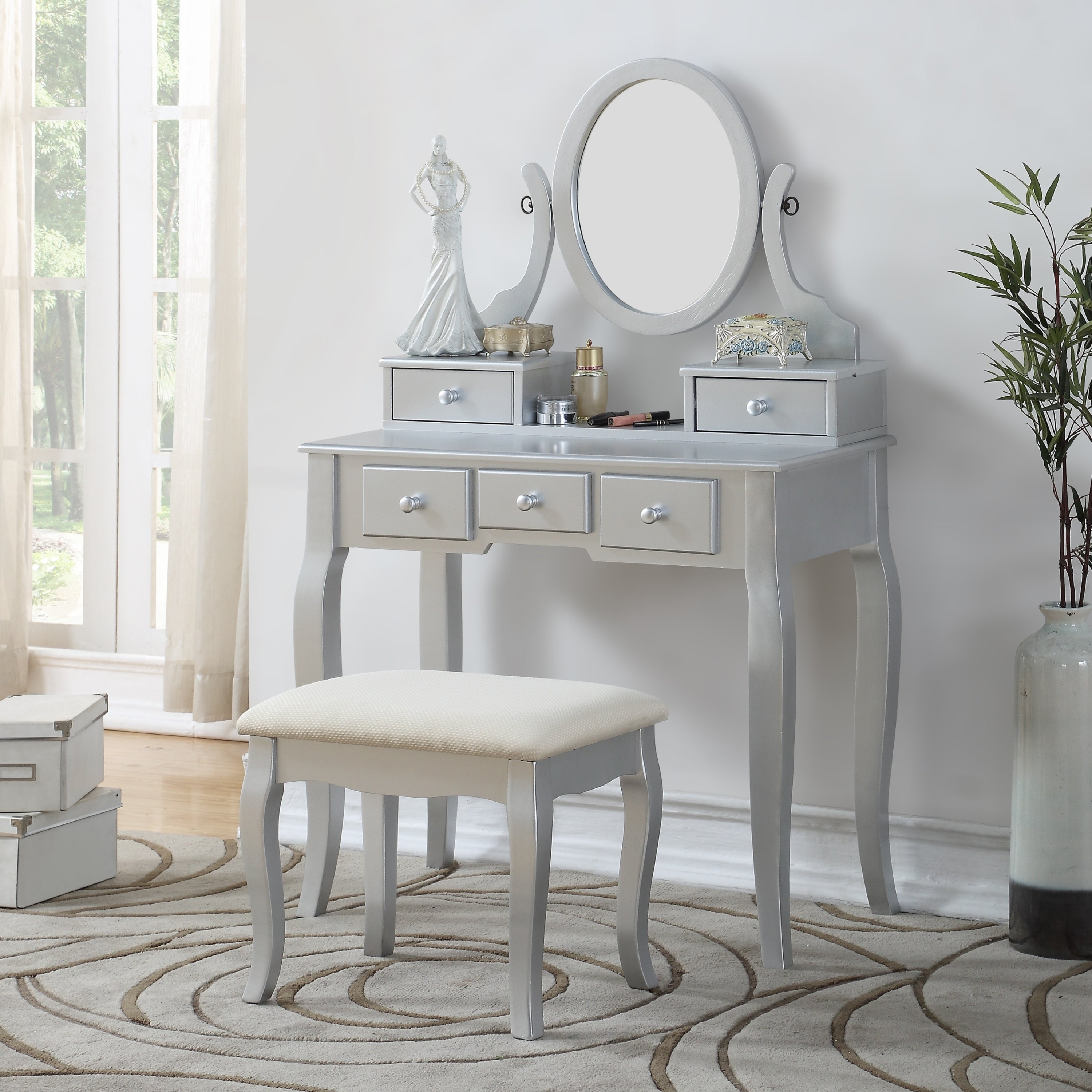 Ashley Wood Silver Make-Up Vanity Table & Stool Set