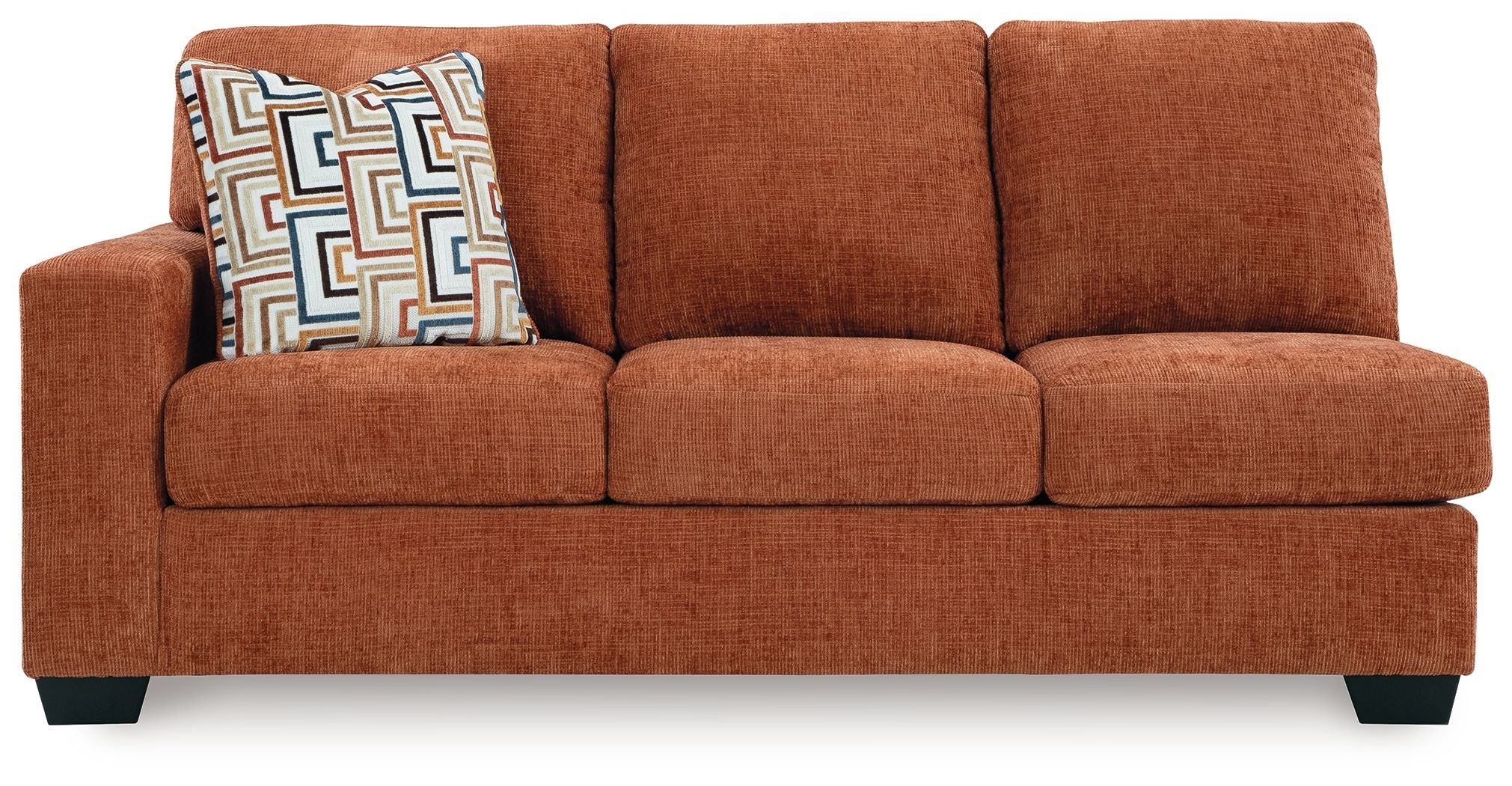 Brown fabric sofa with left accent throw pillow and cushioned backrest panels