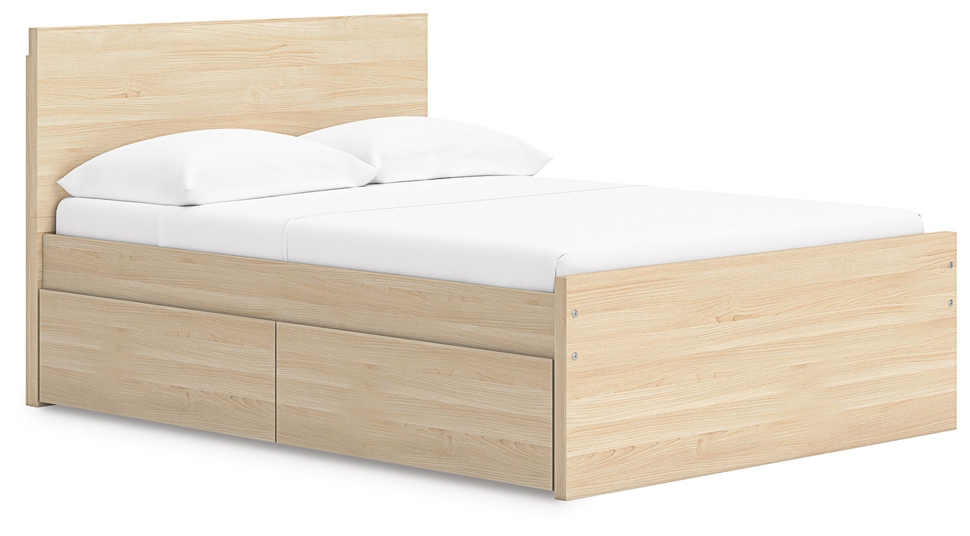 Light brown panel platform bed with slatted mattress support and drawer-front storage