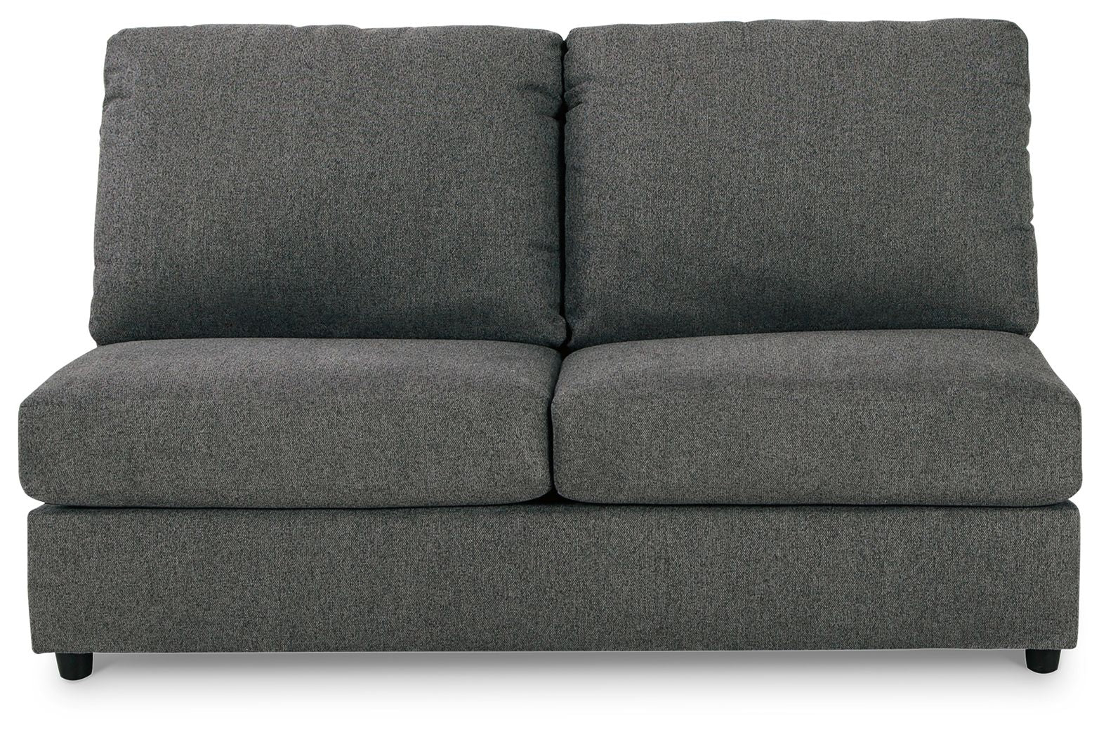 Dark gray armless loveseat with two back cushions and low-profile seat, square arms