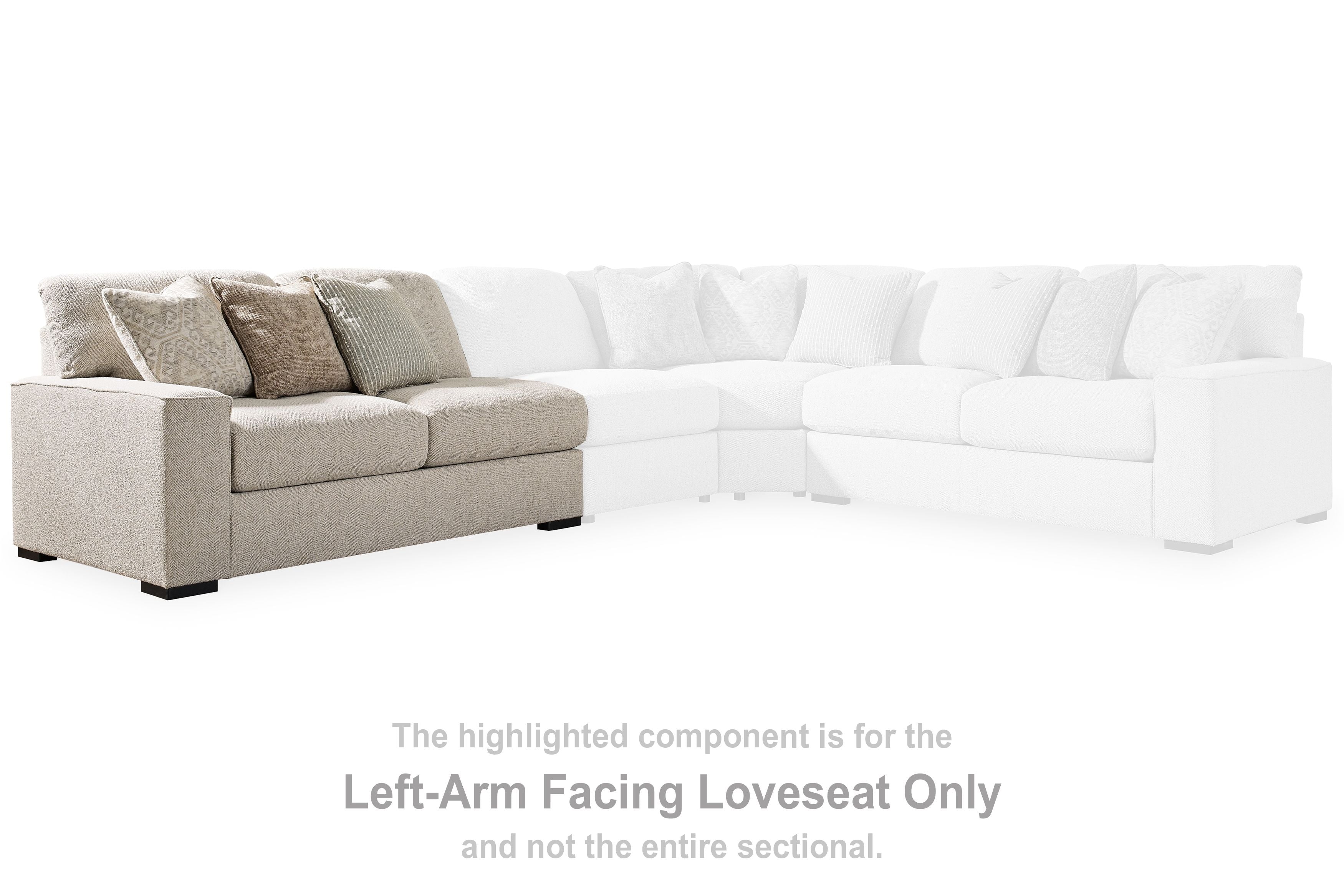 Sand-tone upholstered left-arm loveseat with three back pillows and two-seat cushions