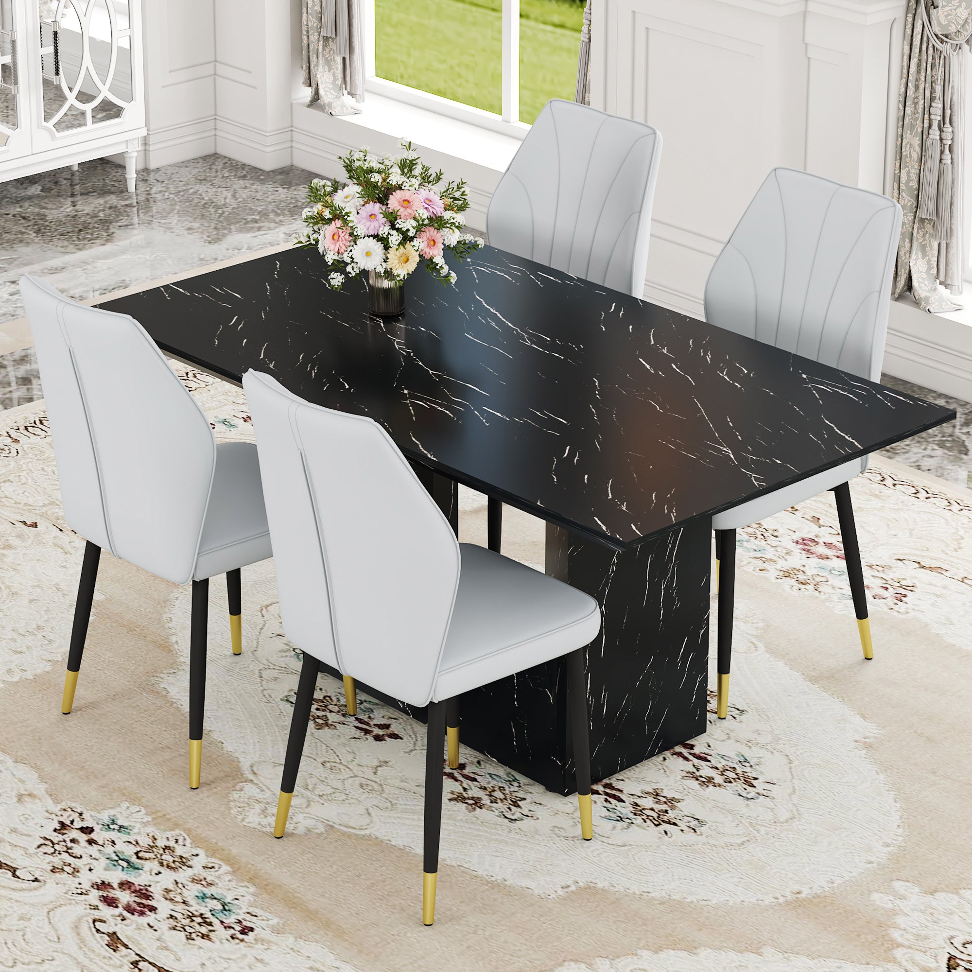 Black Marble Dining Set w/ 4 Gray Chairs