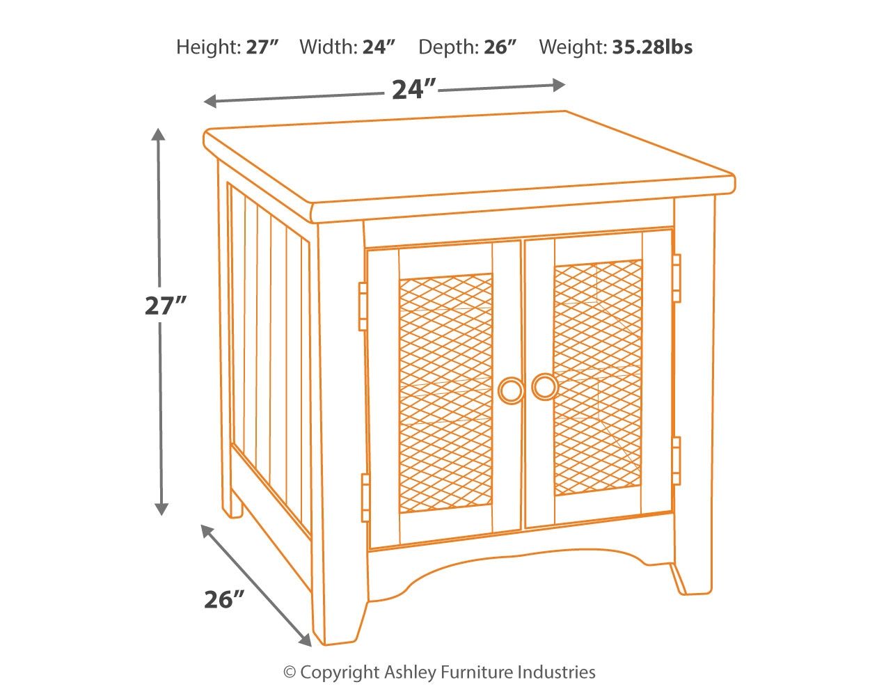 Rectangular end table dimensions: 27"H, 24"W, 26"D, 35.28 lbs