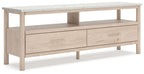 Light wood TV stand with two drawers and open center shelf under a stone-look top