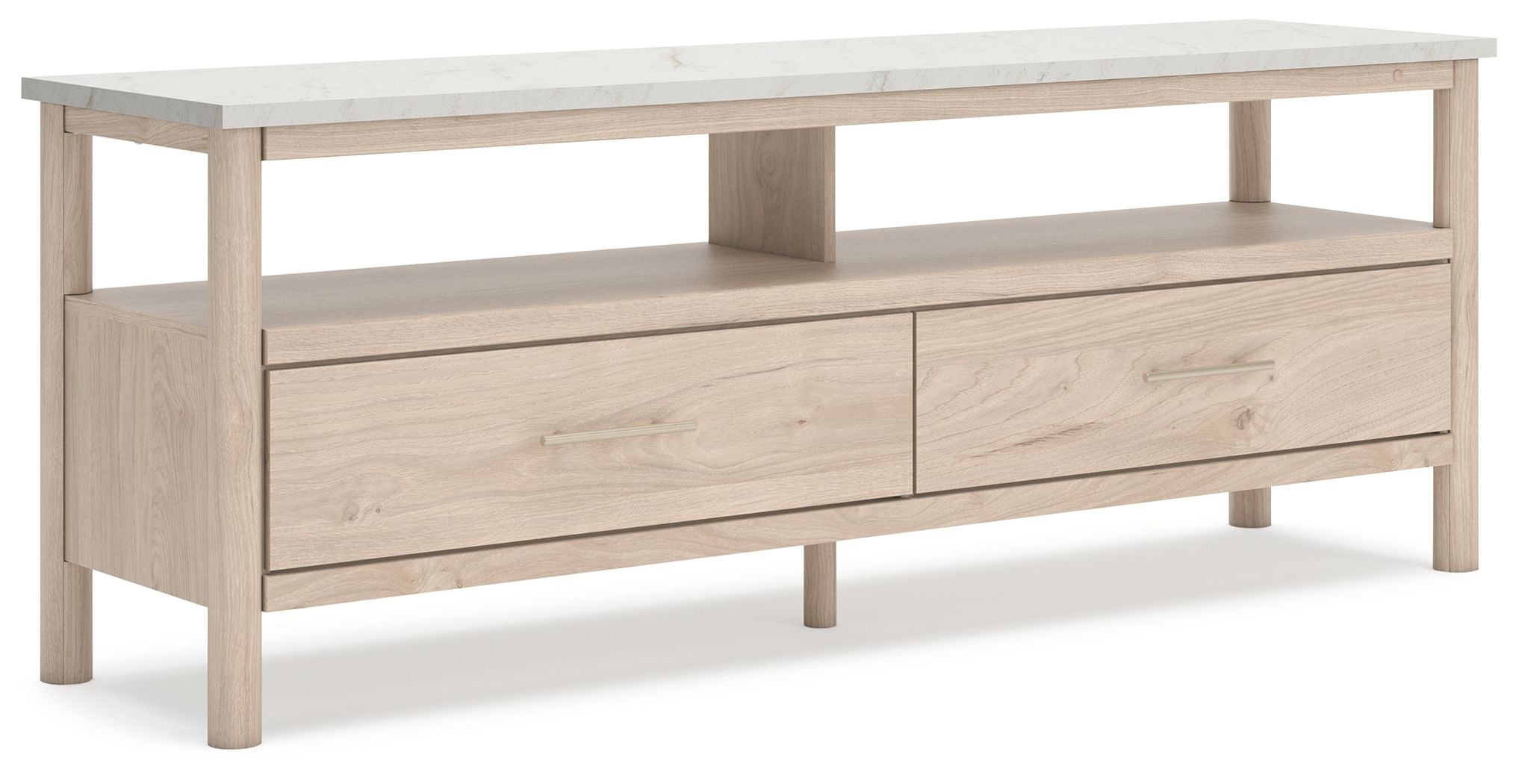 Light wood TV stand with two drawers and open center shelf under a stone-look top
