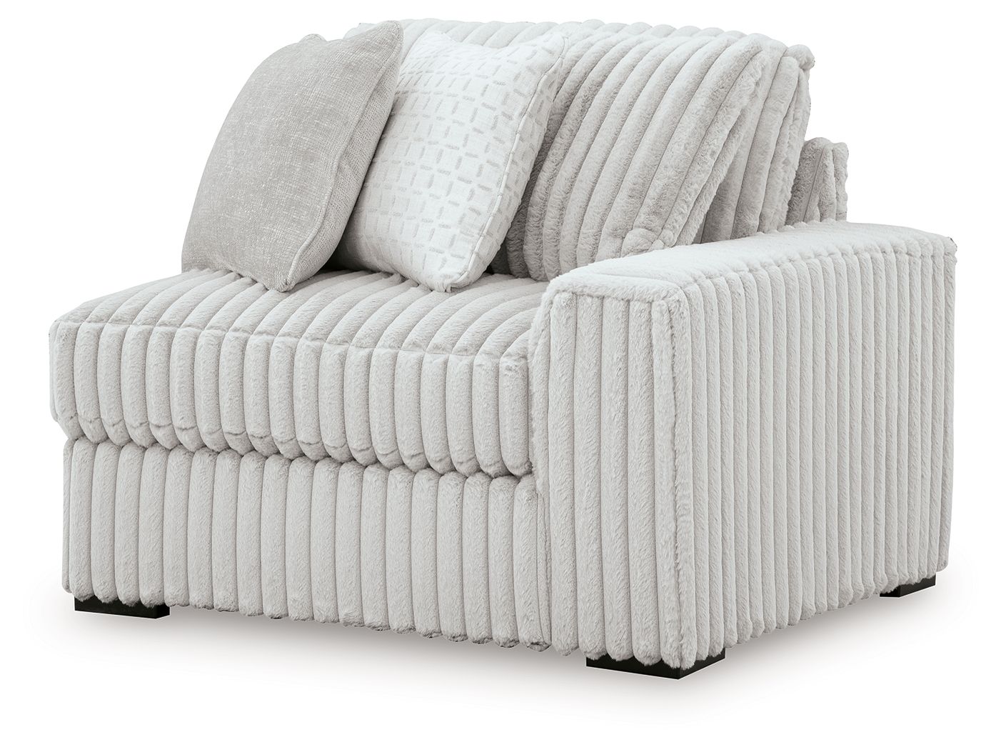 Alloy RAF corner chair with ribbed light gray upholstery and two throw pillows