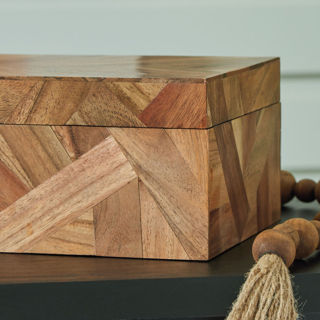 Antford brown wooden lidded storage box with geometric parquet inlay, side view
