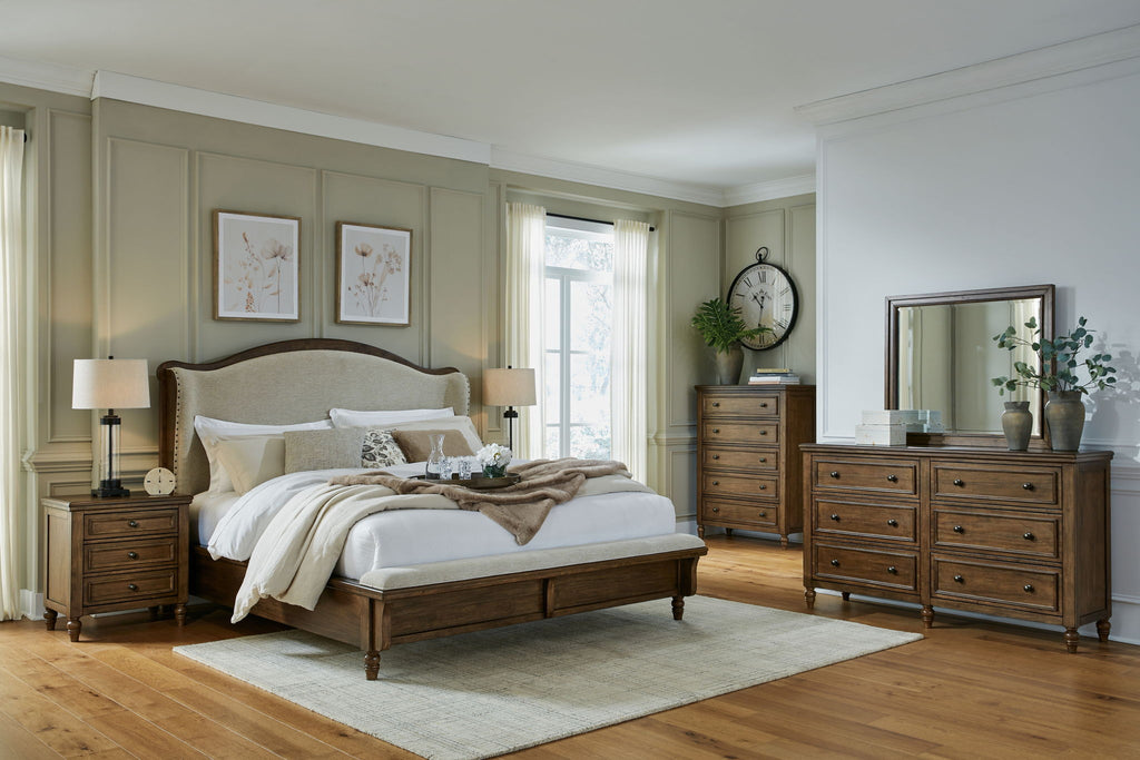 Dark brown bedroom furniture set with bed frame and dresser with mirror