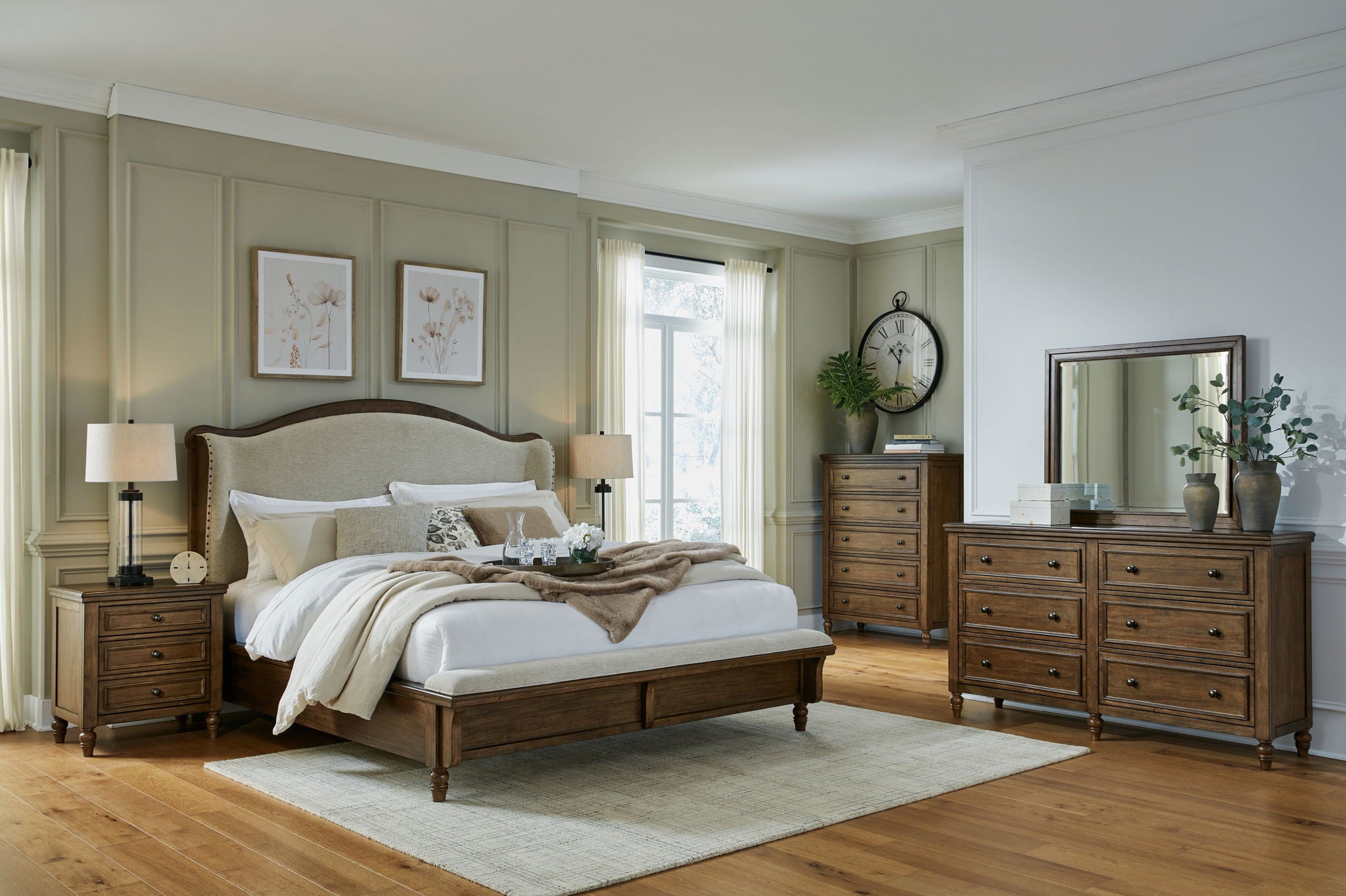 Dark brown bedroom furniture set with bed frame and dresser with mirror