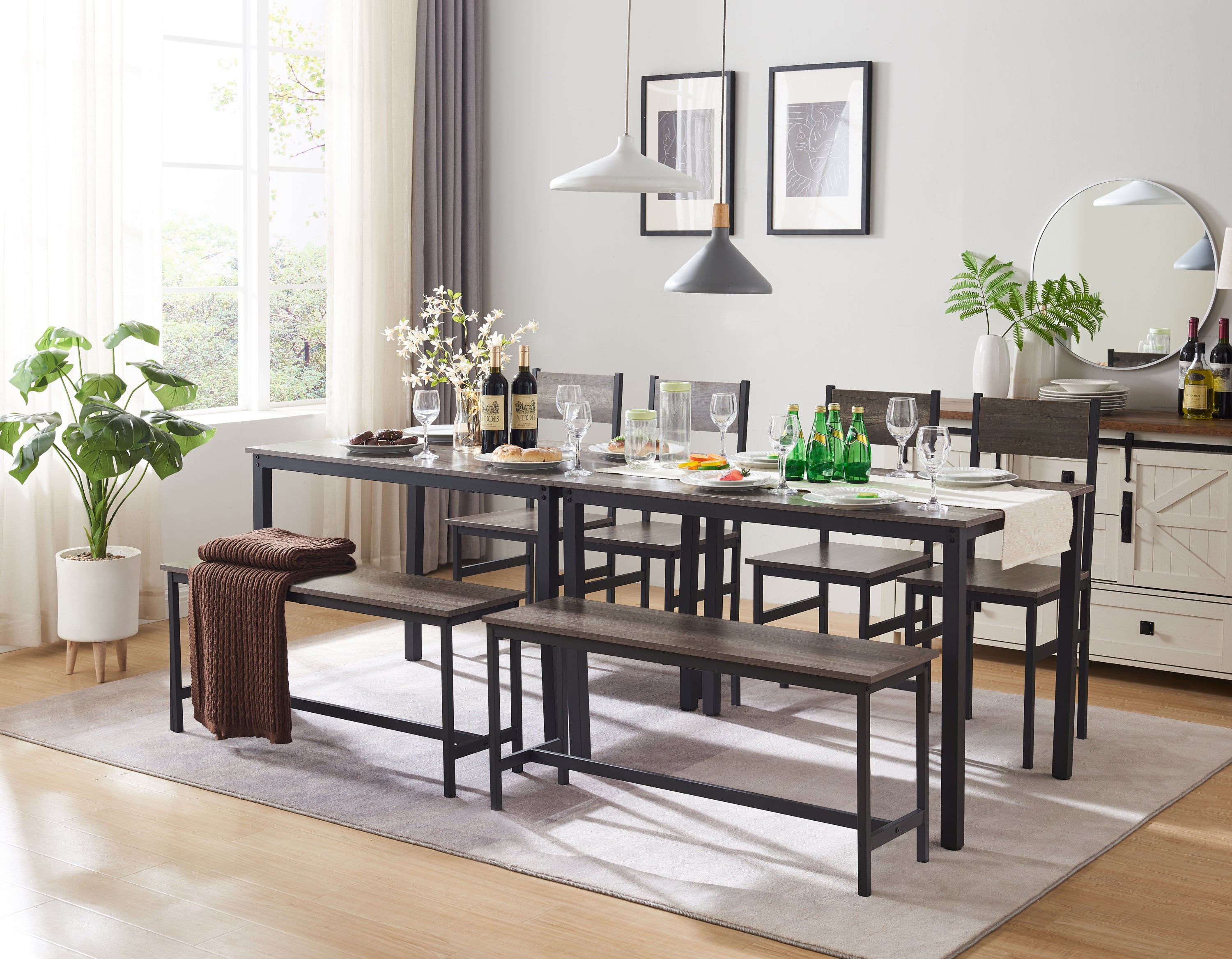 Dining Table Set for 4 w/ Bench, Metal Frame