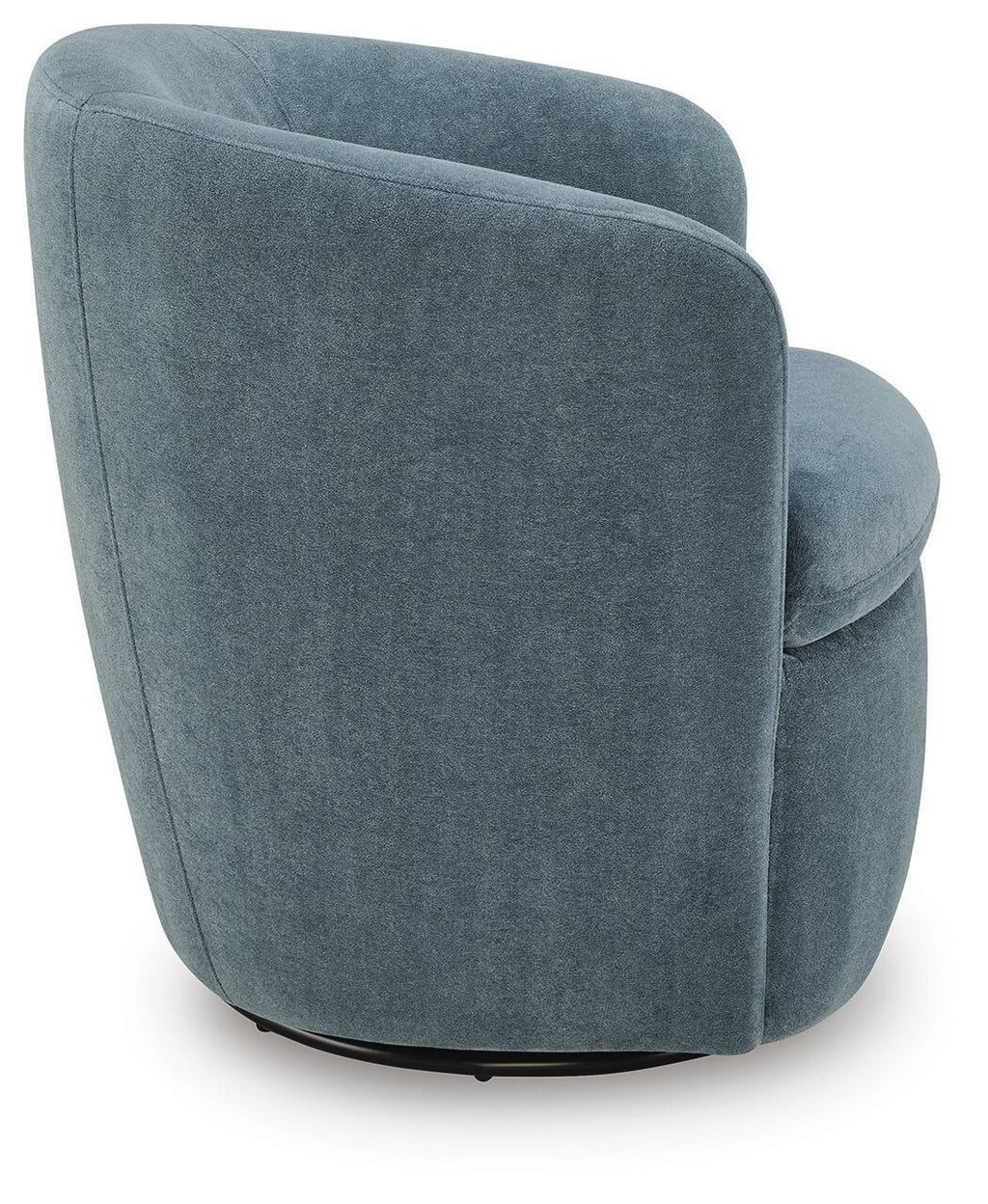 Swivel accent chair in blue-gray velvet with rounded arms and curved backrest.