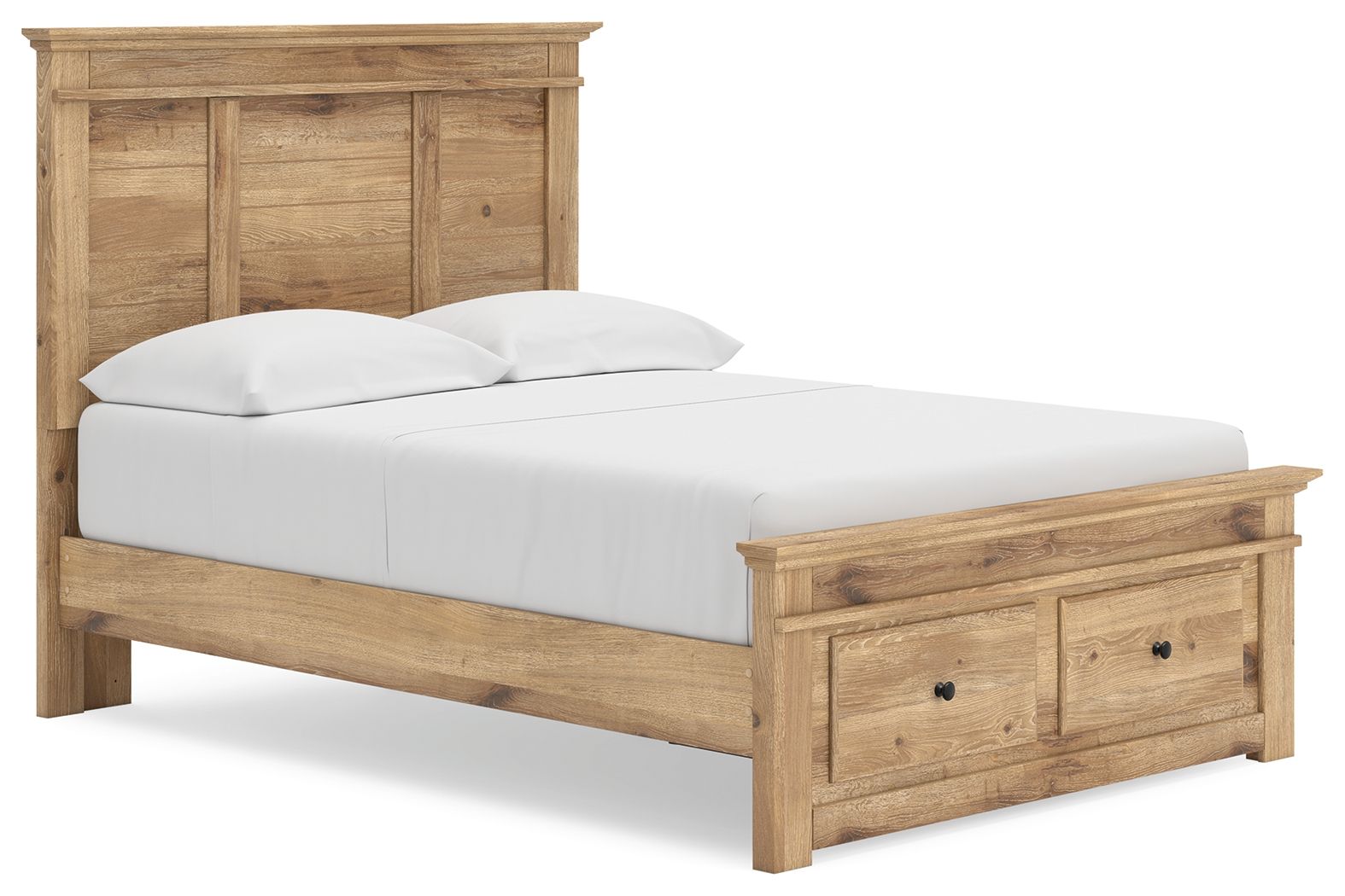 Light brown panel storage bed with side drawers and three-piece headboard panels.