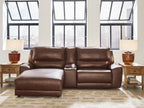 Power reclining sectional in dark brown faux leather with chaise extended forward