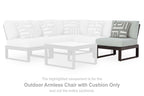 Armless outdoor chair with dark frame and light gray cushion in corner set