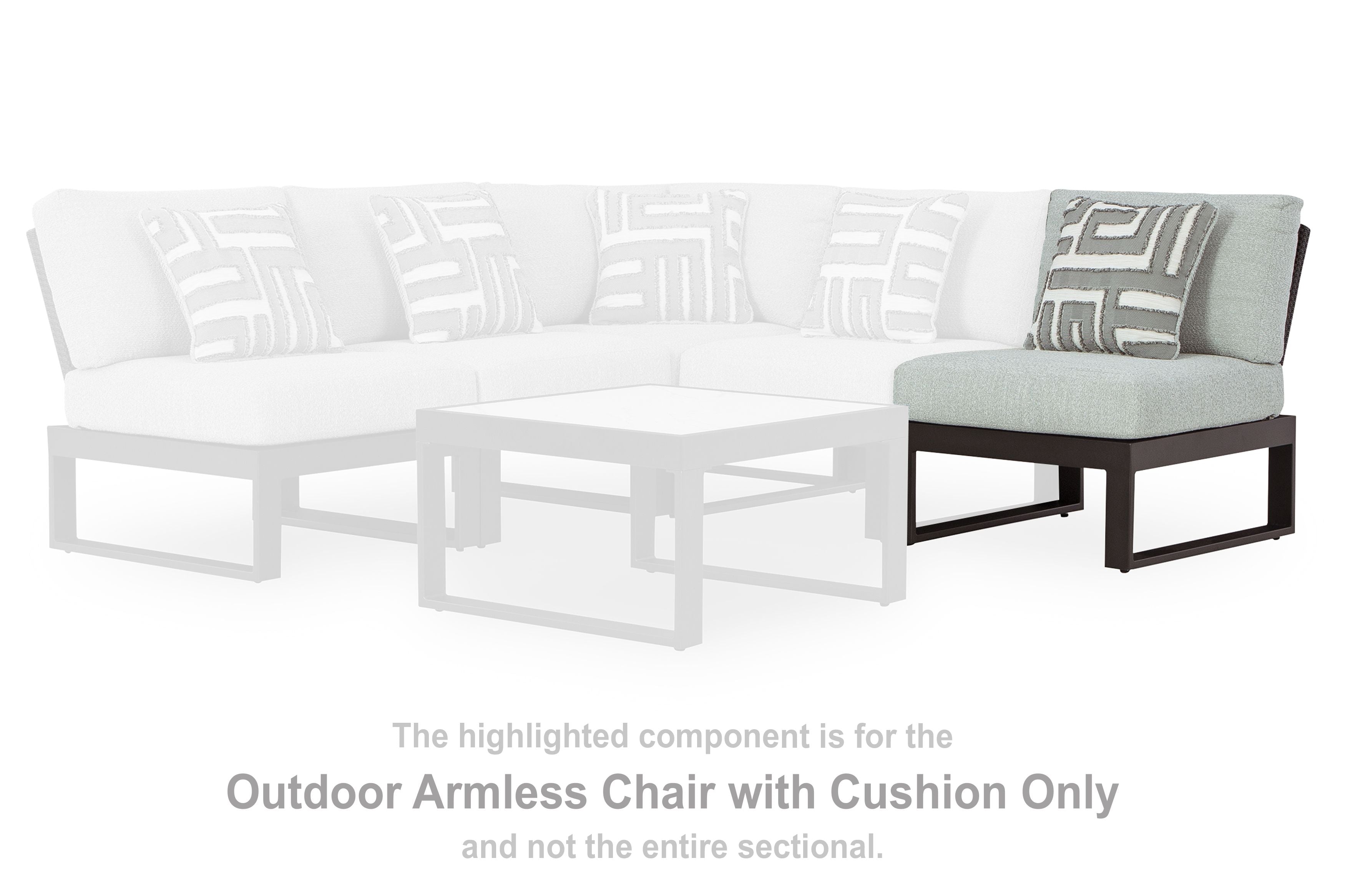 Armless outdoor chair with dark frame and light gray cushion in corner set