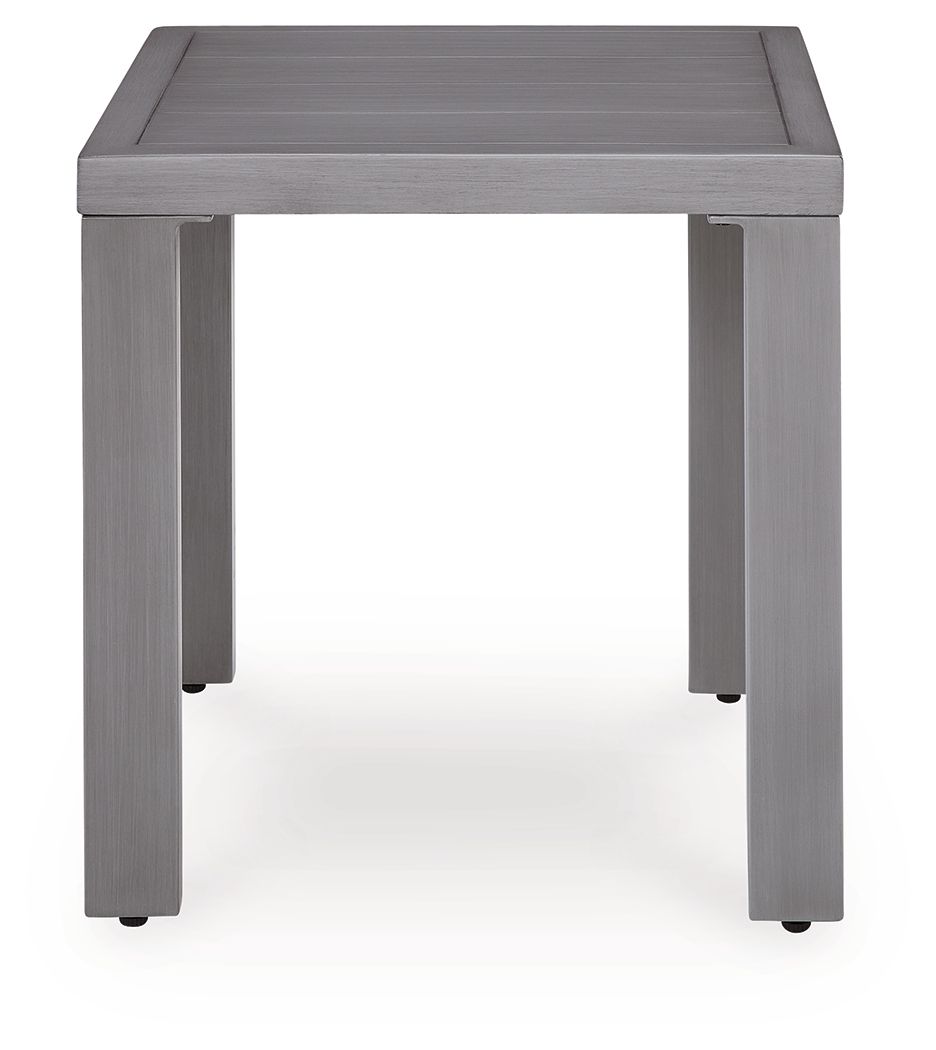 Gray square end table front view with flat top and tapered legs