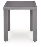 Gray square end table front view with flat top and tapered legs