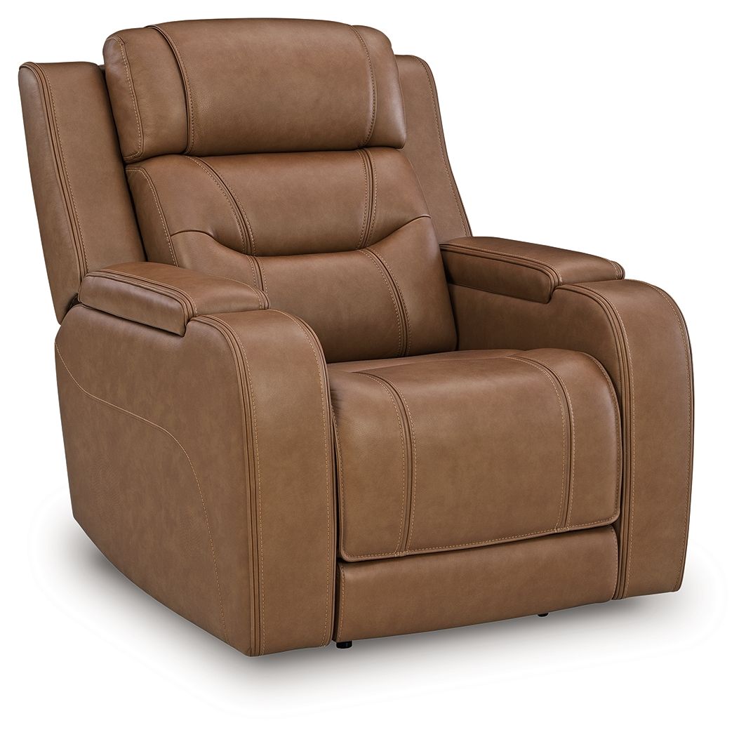 Power recliner chair in brown faux leather with padded headrest and wide armrests