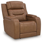 Caramel power reclining armchair angled view with open footrest platform