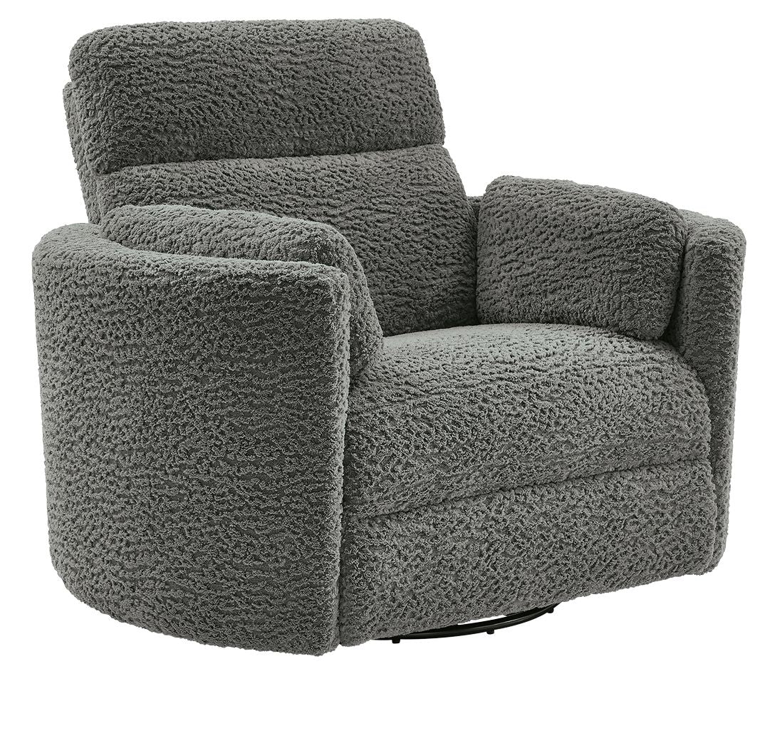 Swivel glider recliner chair in dark gray with rounded arms and plush textured upholstery