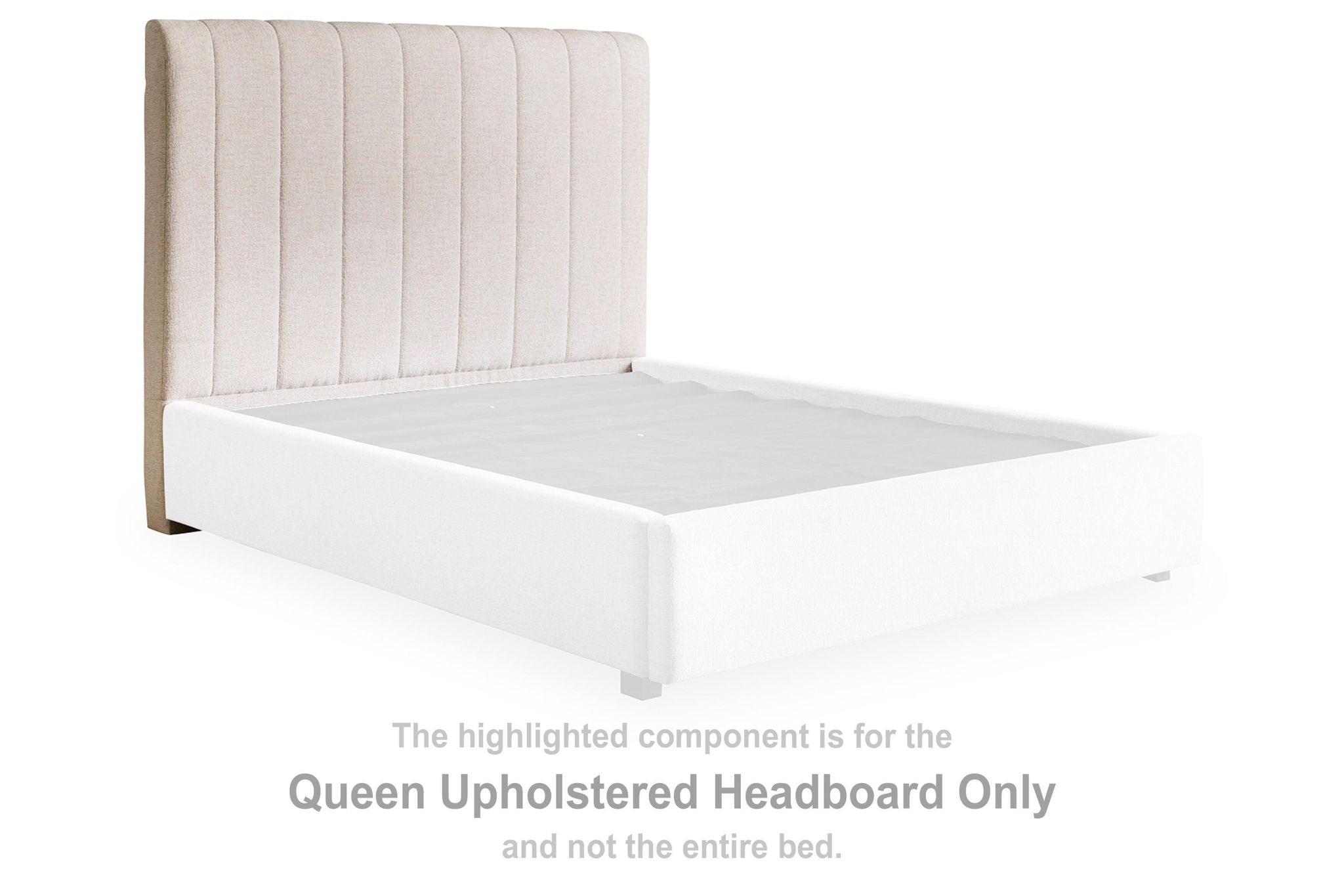 Beige upholstered queen headboard with vertical channel stitching, padded sides