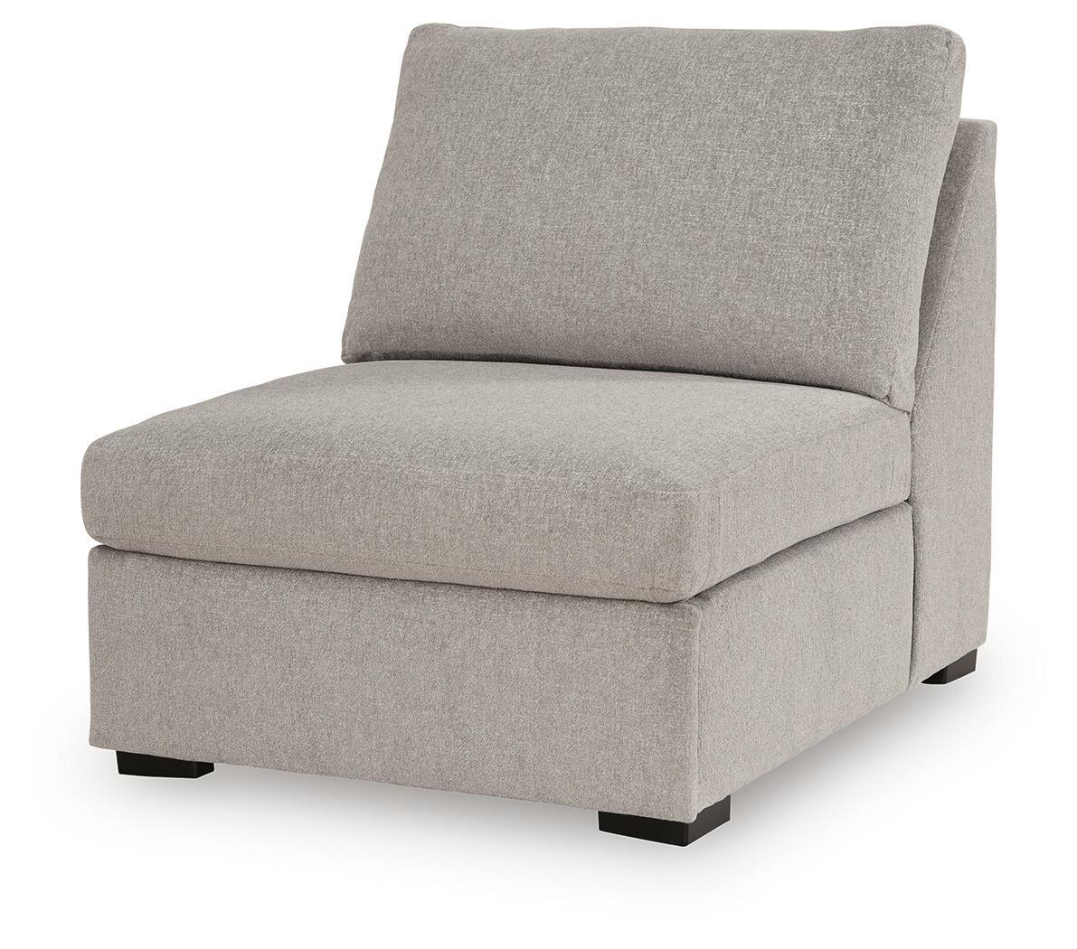 Flint armless lounge chair with tall back, gray upholstery, and low black legs