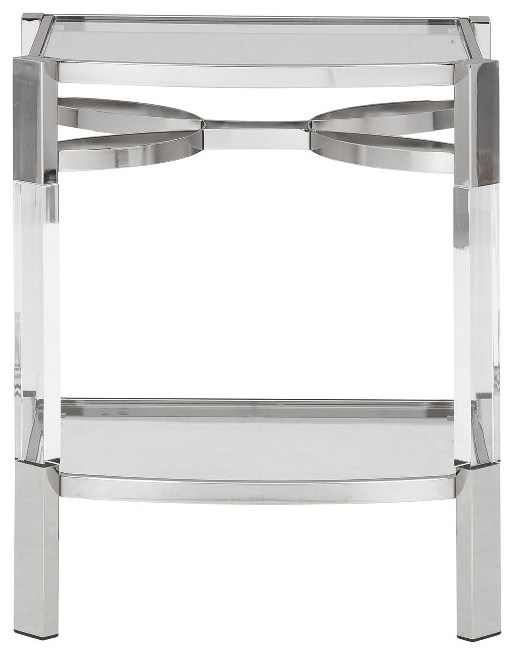 Clear glass accent table with silver frame and lower shelf