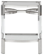 Clear glass accent table with silver frame and lower shelf