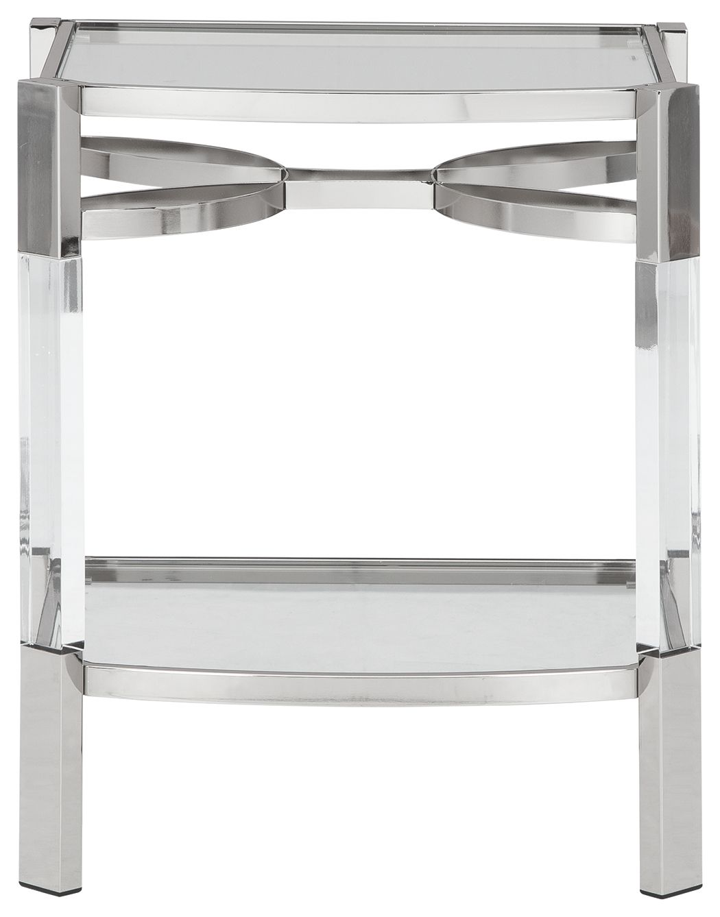 Clear glass accent table with silver frame and lower shelf